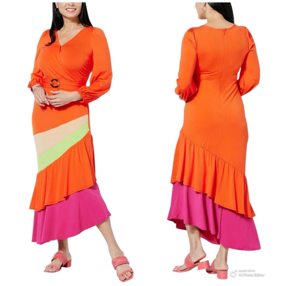 Megan Renee Orange Asymmetrical Tiered Midi Dress Size Small Lime Green NWOT